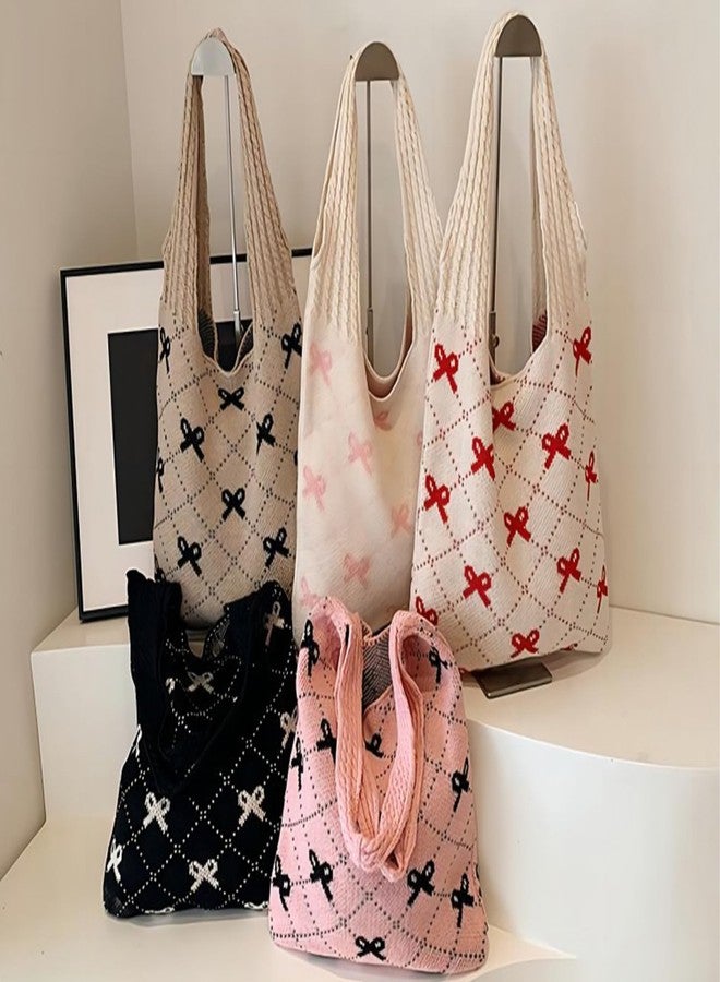 Busnos Beach Bags for Women Coquette Bow Tote Bag Purse for Women Cute Crochet Beach Tote Bag Knit Shoulder Purses Trendy Womens Beige Travel Vacation Handbag - Image 4